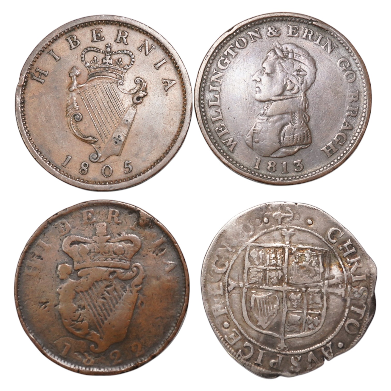 British coins, comprising , Charles I silver shilling, m.m. anchor, Ireland, George III (1760-1820), Soho Birmingham coinage (1805-6), penny 1805, edge knocks otherwise toned good VF, Wellington and Erin Go Bragh penny t